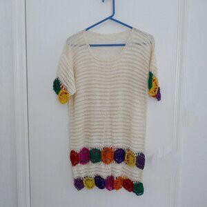 EUC vintage 90s off white/ multicolor rainbow short sleeve crochet minidress
